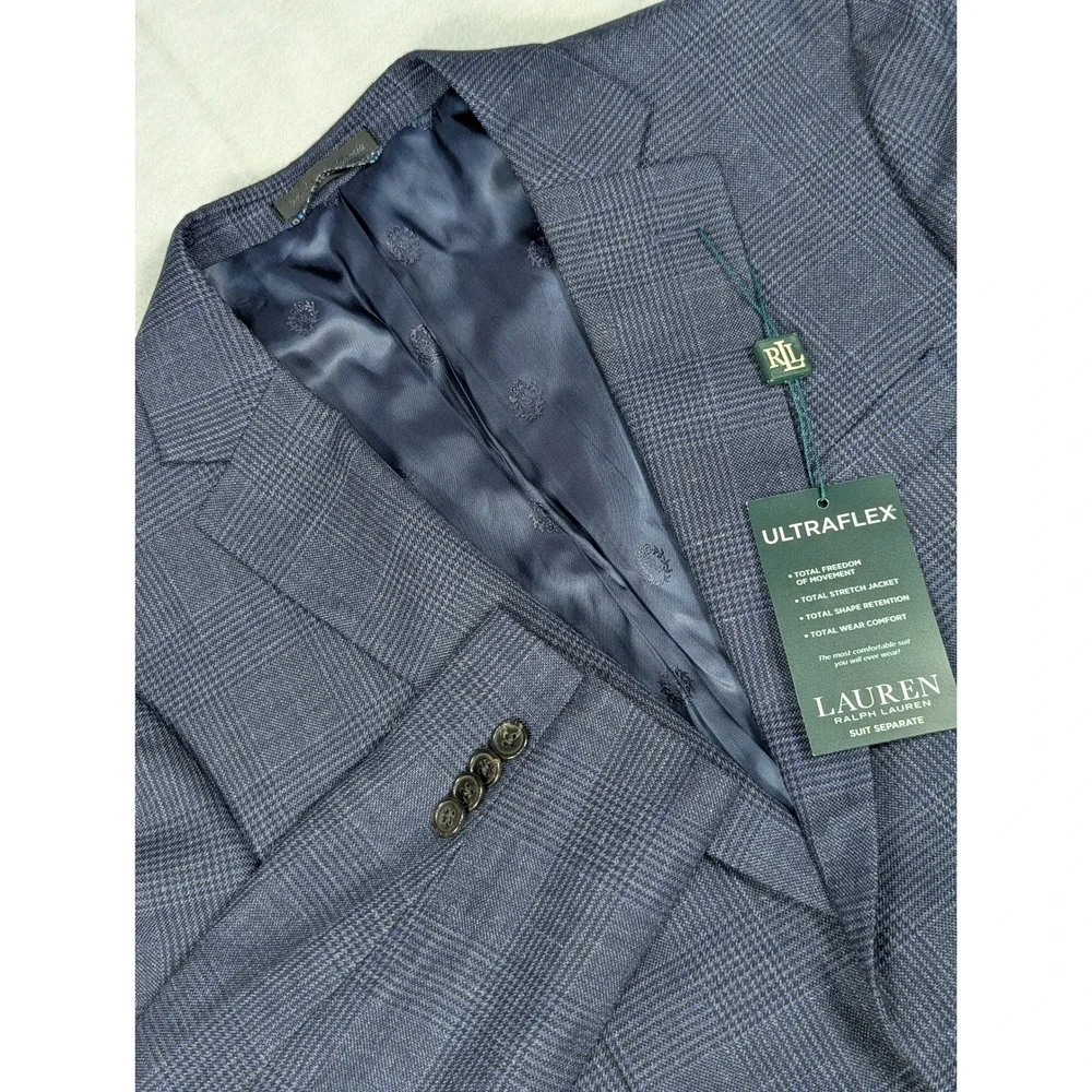 NEW Lauren Ralph Lauren Ultraflex Mens 40L‎ Blue Glen Plaid Wool Linen Blazer